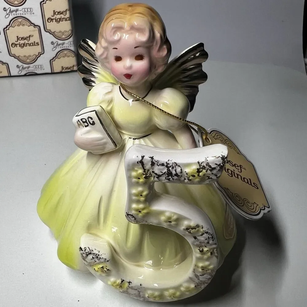 Josef Originals Birthday Girl Angel Age 5 Fifth Year ABC Book Figurine Box Tag